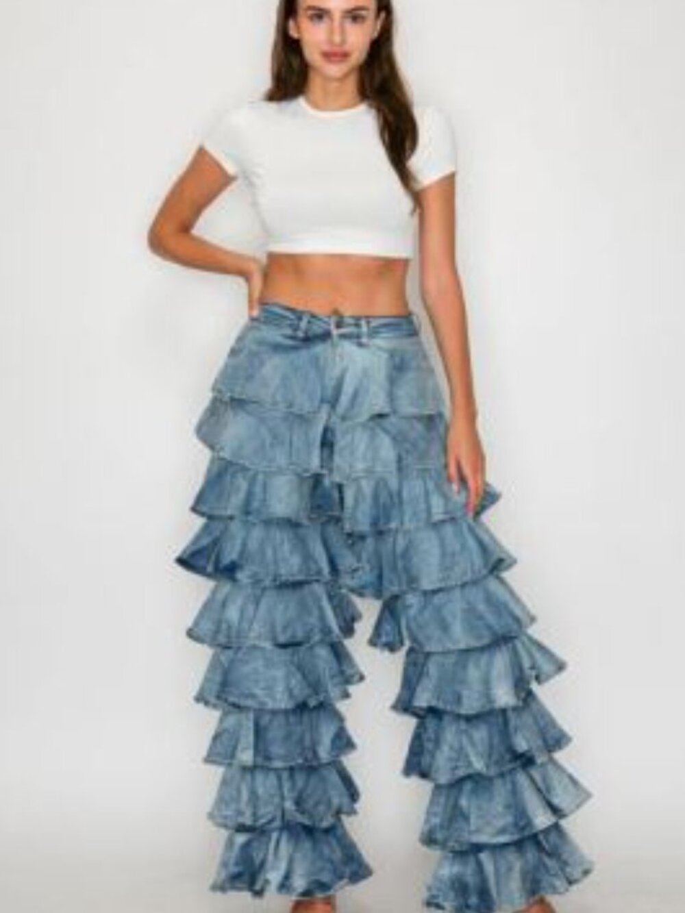 Aphrodite Ruffled Tiered Light Wash Denim Pants size 28